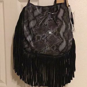 NWT Muxo Camila Alves Asymmetrical Genuine Leather & Suede Fringe Shoulder Bag